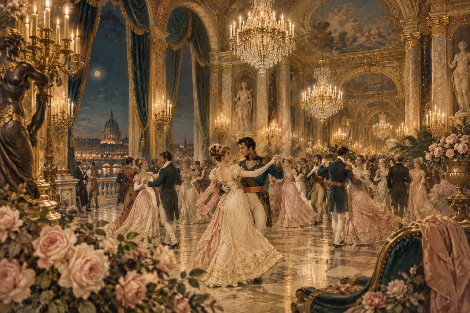 An imagined candlelit imperial ballroom, with gilded arches and dancing couples