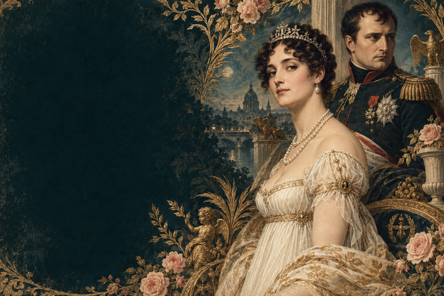 Painted portrait of Josephine in an ivory gown, with Napoleon and golden floral ornament